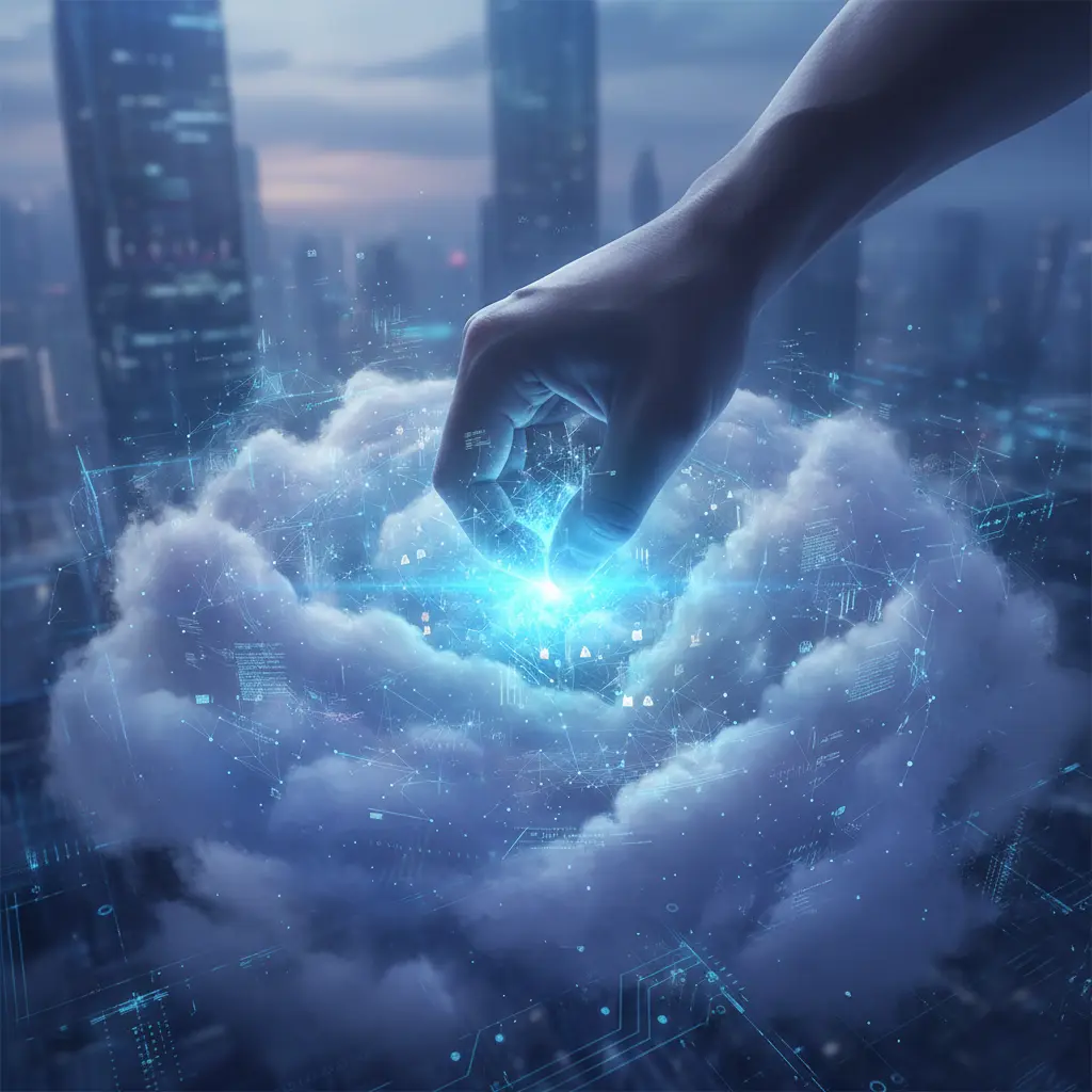 A large open gate leading to a digital landscape, with small figures crossing through it.