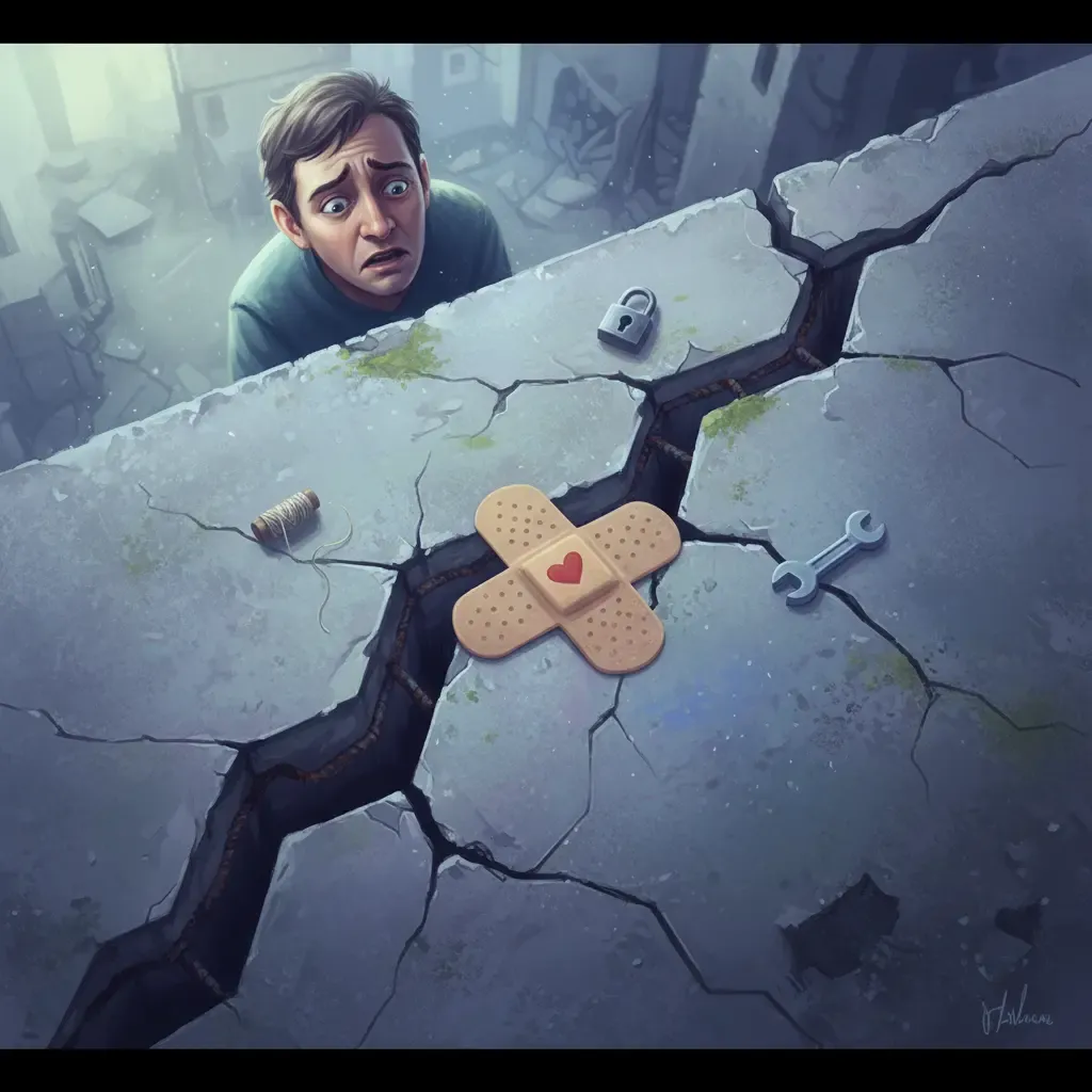 A person looking at a small band-aid on a large crack in a wall, representing insufficient security.