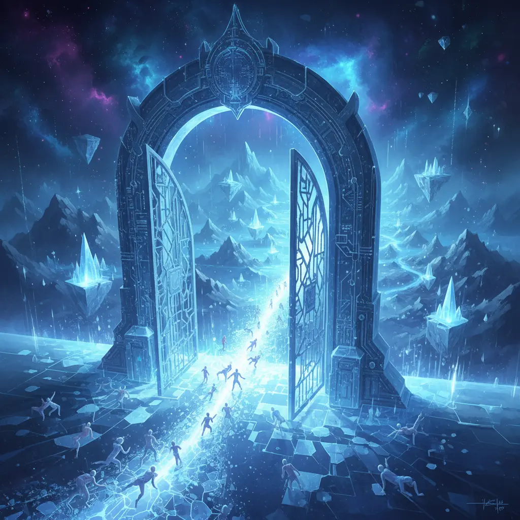 A large open gate leading to a digital landscape, with small figures crossing through it.