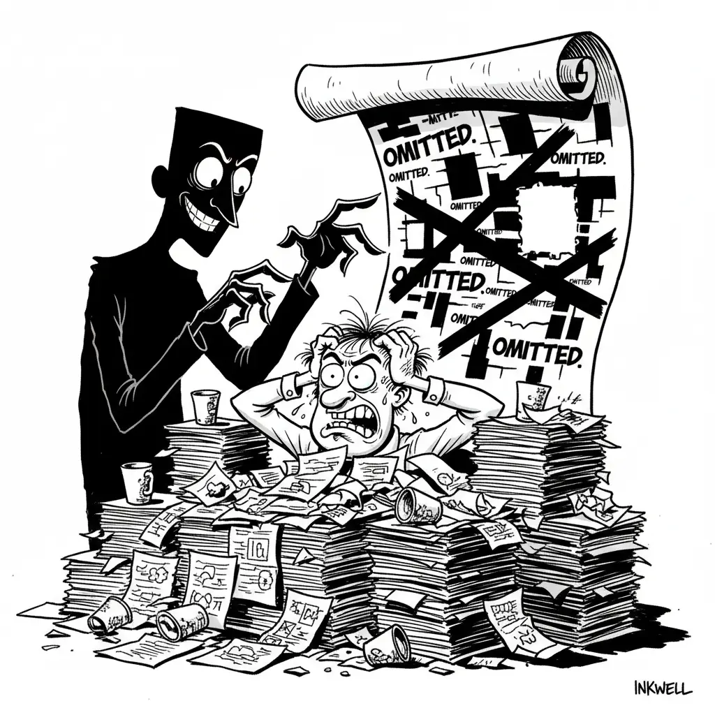 An editorial cartoon showing a frustrated person at a desk with many documents, while another person points to a heavily redacted official document.