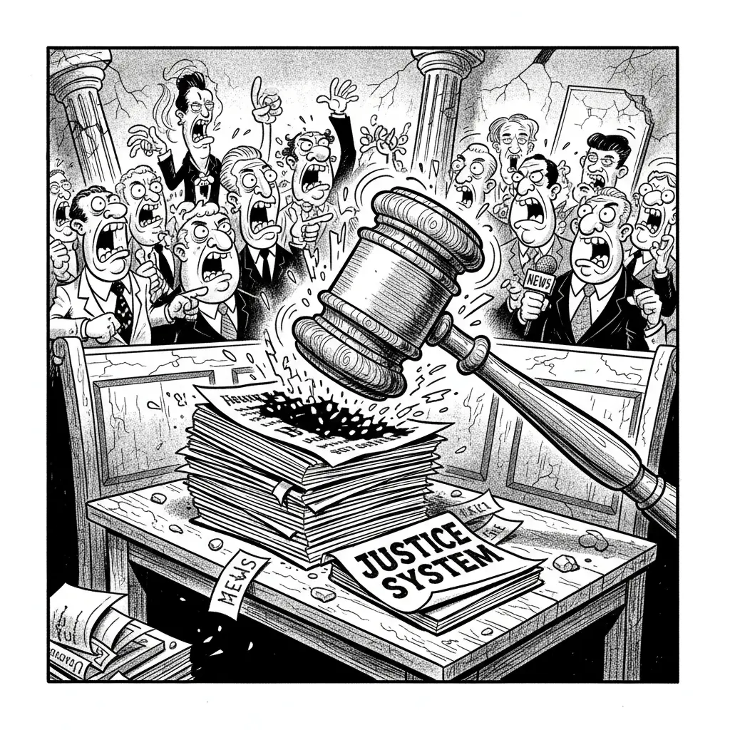 An editorial cartoon showing a gavel hitting a stack of papers labeled
