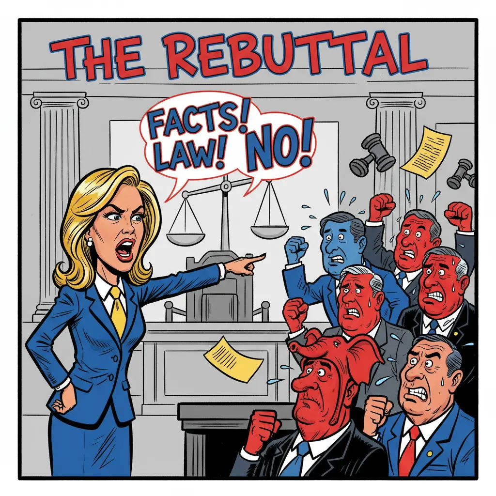 A political cartoon of a determined female attorney walking through a chaotic political scene.