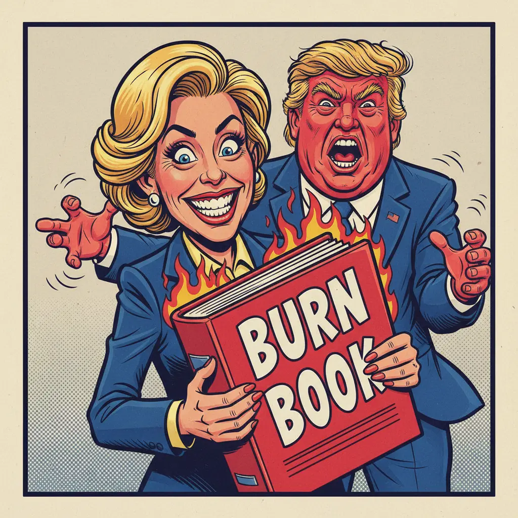 A political cartoon of a female attorney holding a binder labeled