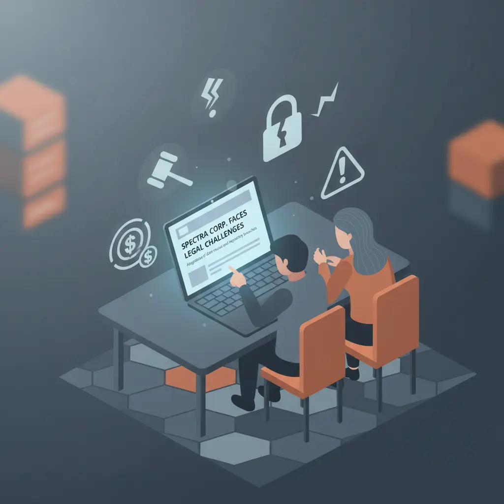 A digital illustration of two people looking at a laptop screen displaying a news article. Warning symbols are present around them, indicating legal problems.