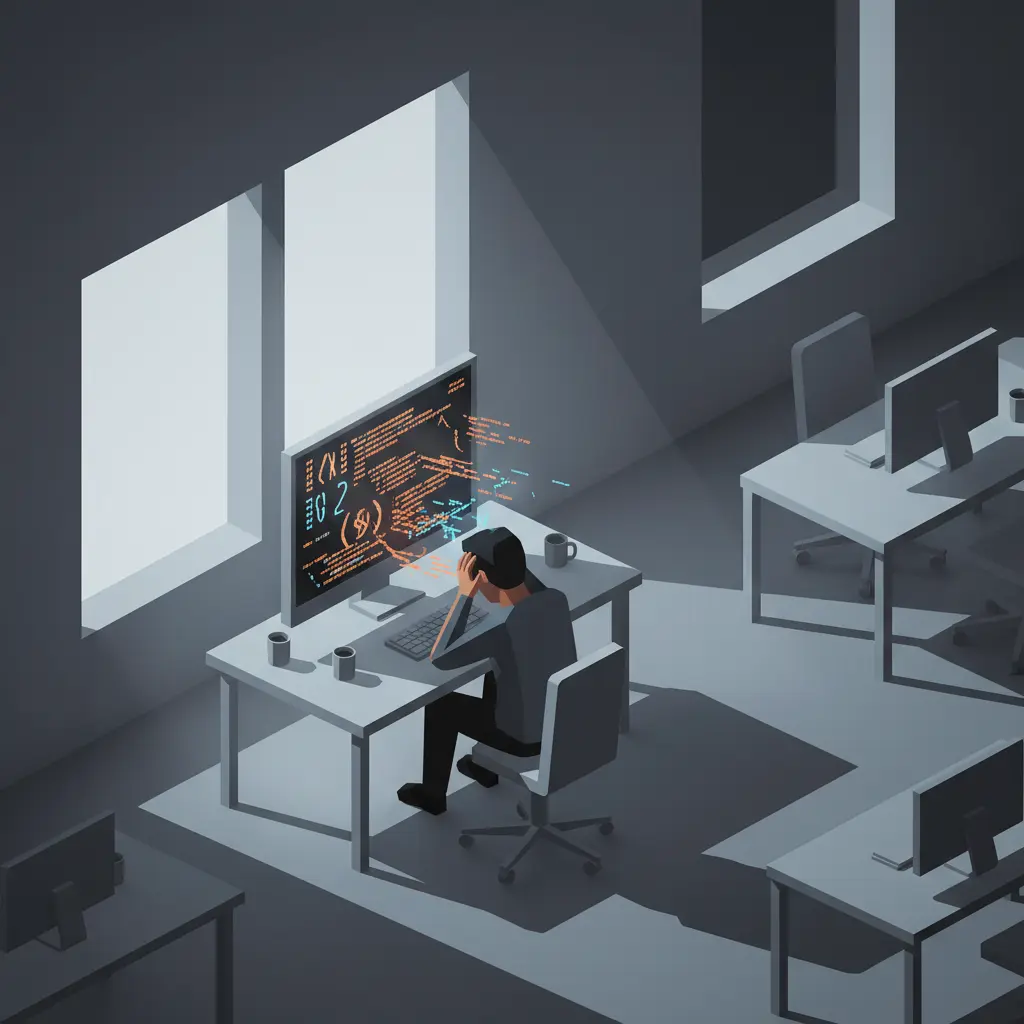 A digital illustration of a lone engineer sitting at a desk in a quiet office, looking frustrated at a computer screen showing error messages and disorganized code.