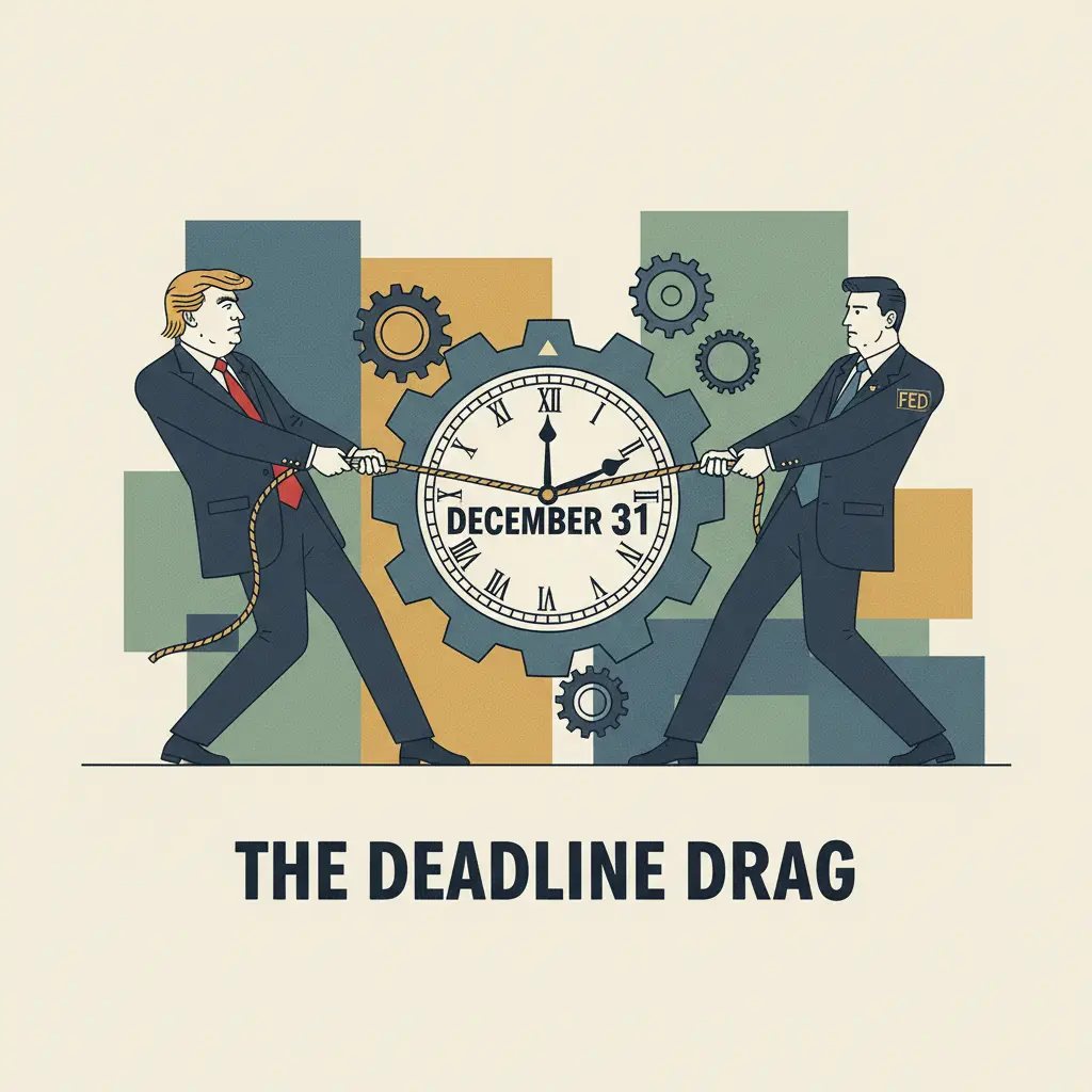 An illustration of two figures, representing government and a financial institution, pulling on a calendar, depicting a power struggle and tight schedule.