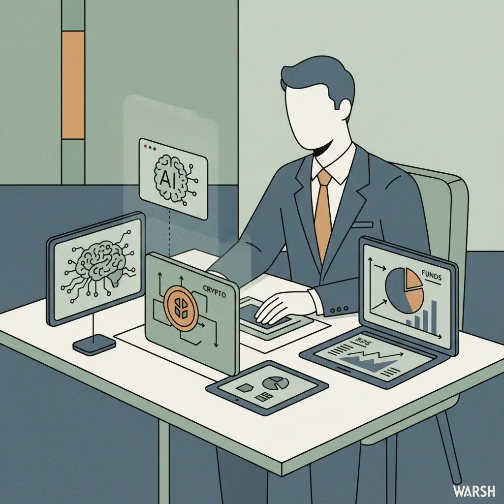 An illustration of a person sitting at a desk with multiple screens showing technology and cryptocurrency symbols.