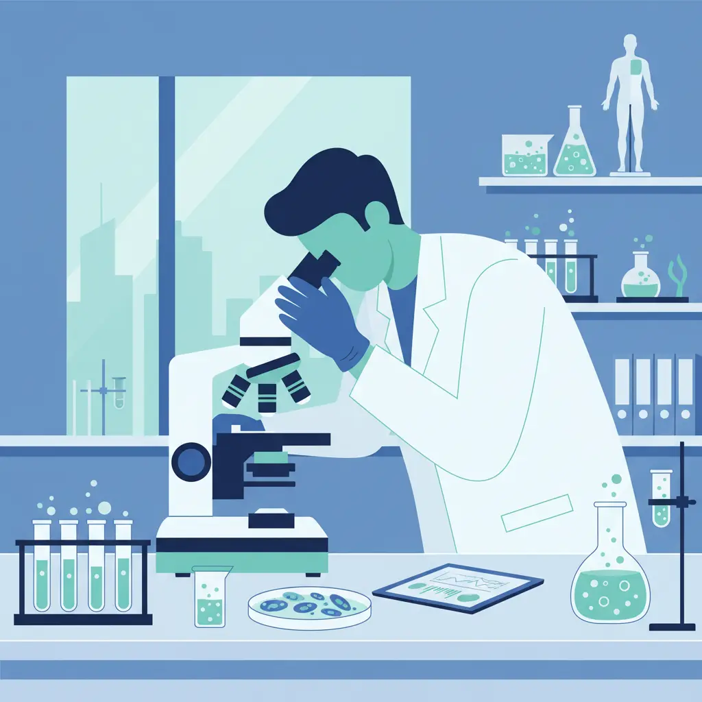 A scientist looking through a microscope at a laboratory bench.