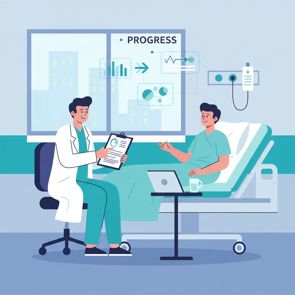 Two people sitting across from each other in a hospital room with a clipboard.