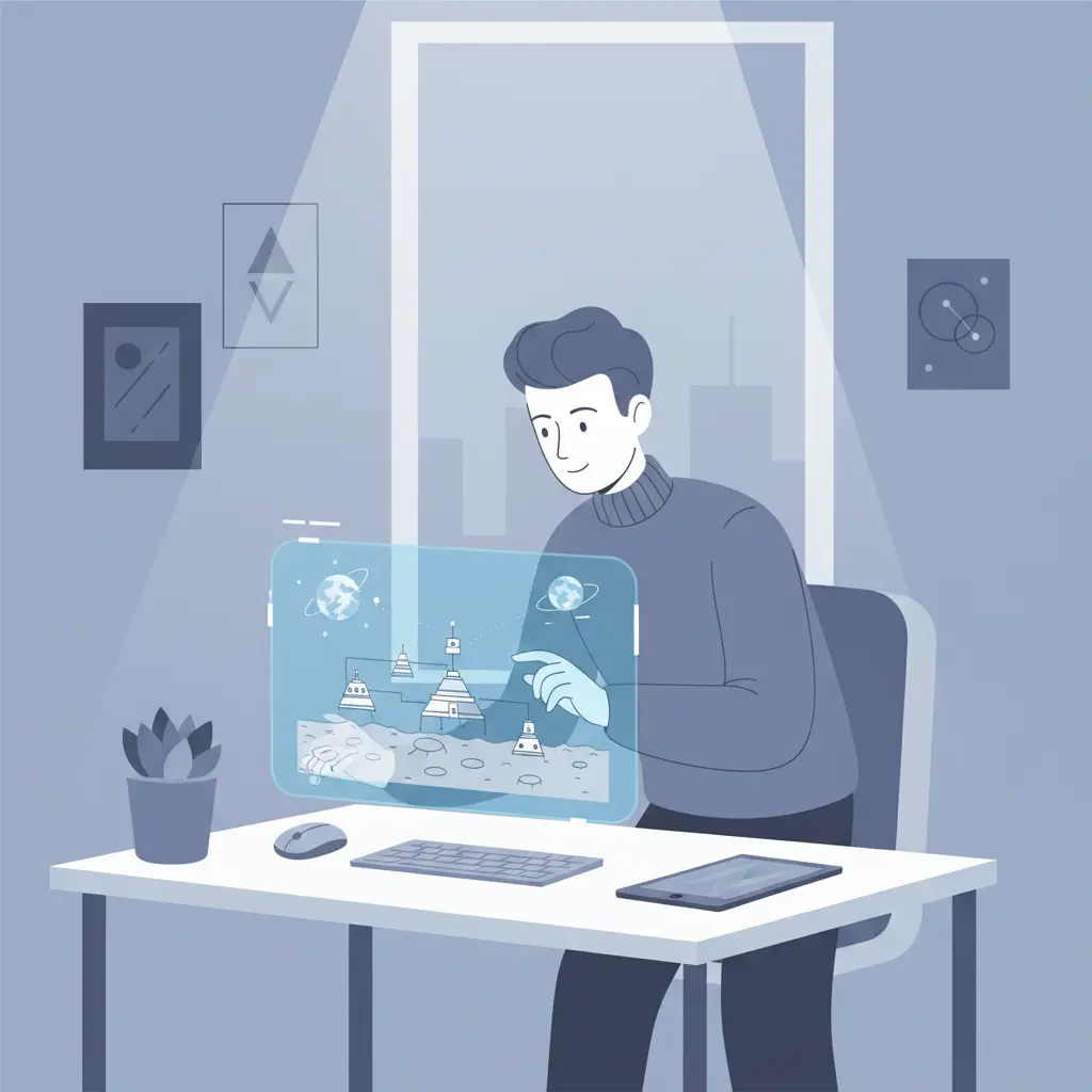 A person standing in front of a futuristic holographic map of the moon with space station designs.