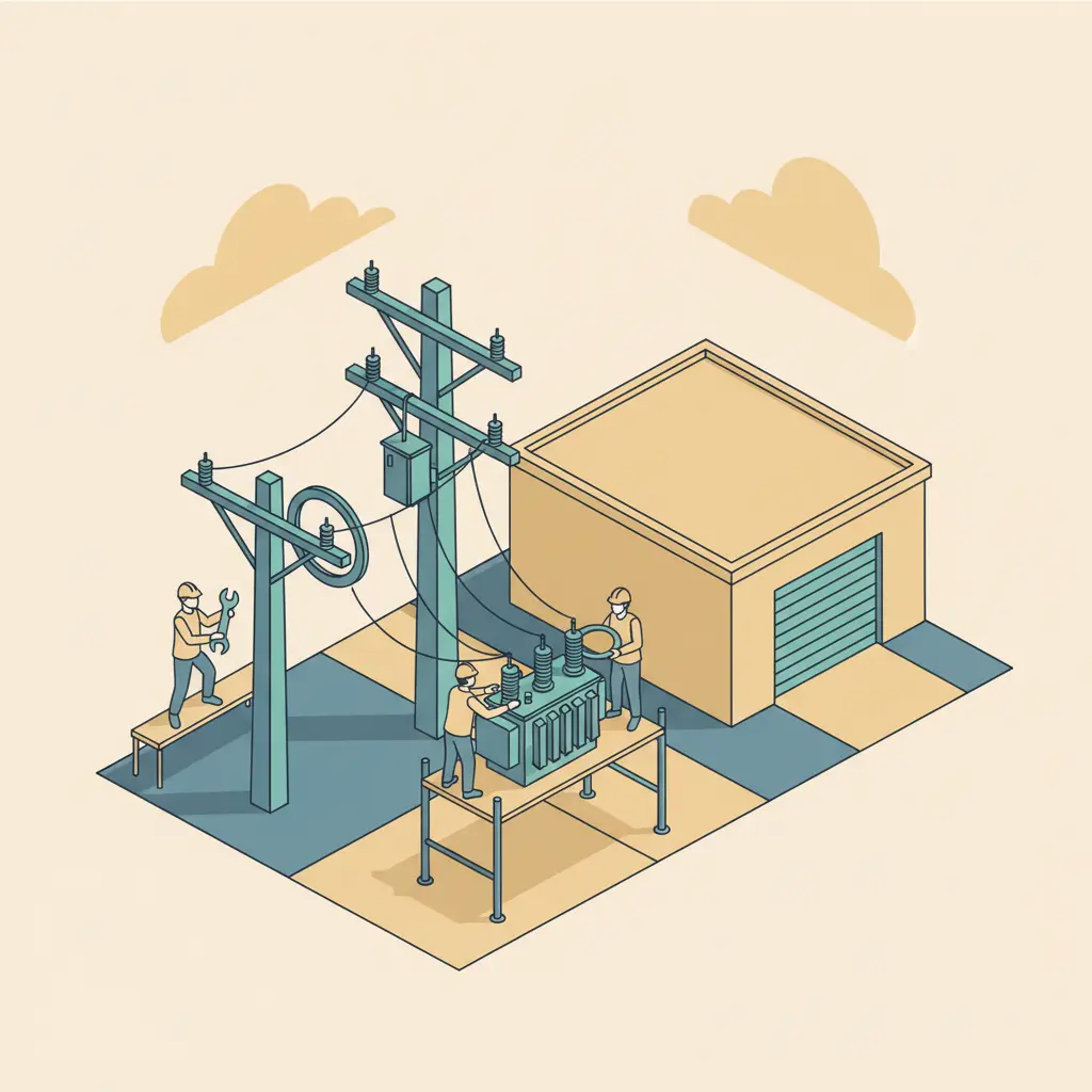 Construction workers installing new heavy-duty power lines near an industrial facility.