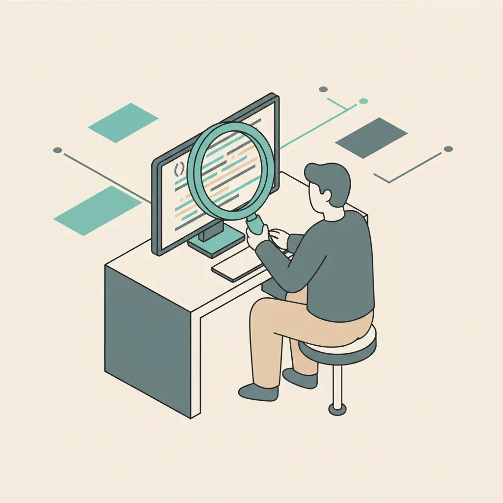 A person typing at a computer desk with a large, bright magnifying glass held up to the monitor screen.