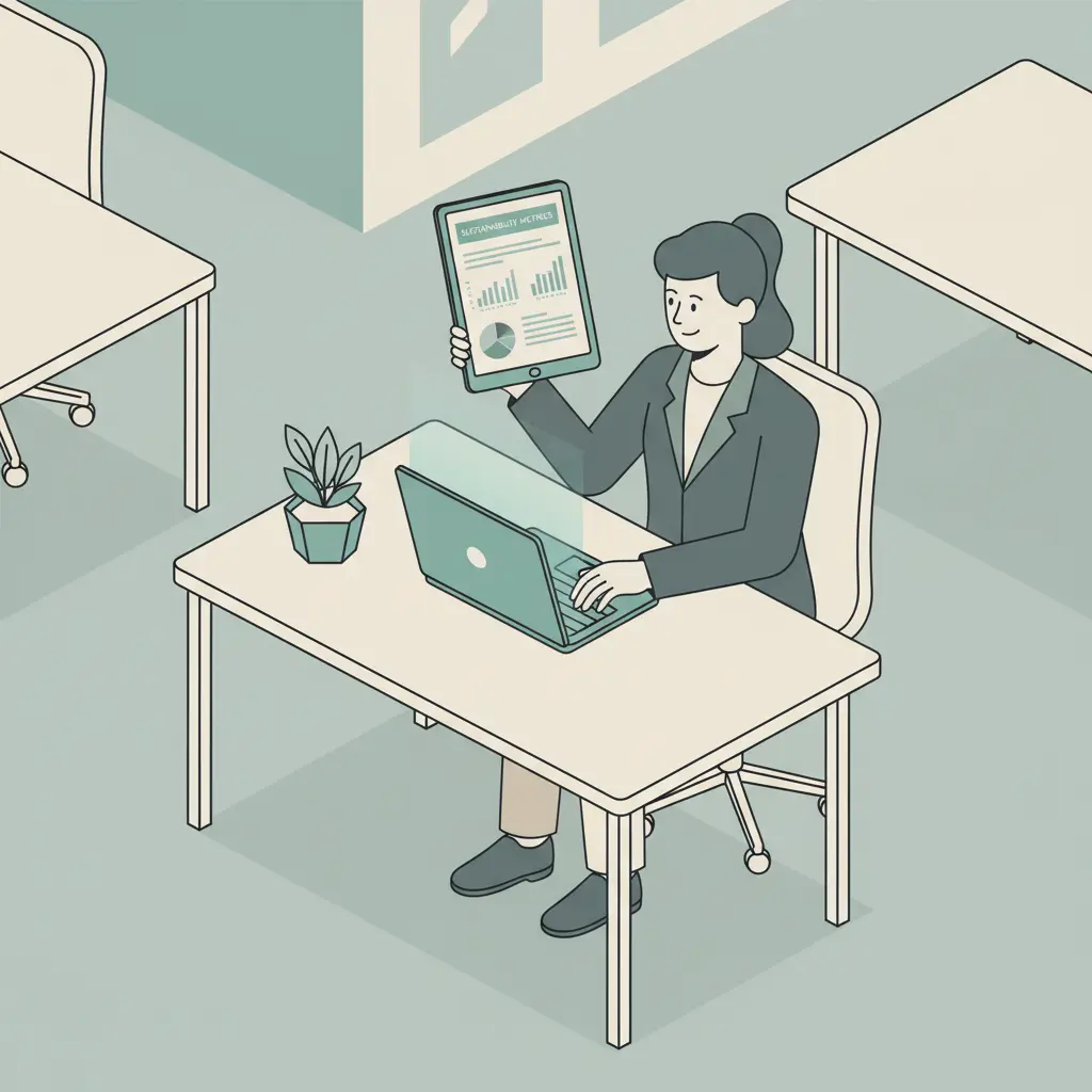 A sustainability manager sitting in a modern office, typing on a laptop and reviewing a detailed document titled 'Sustainability Strategy.'