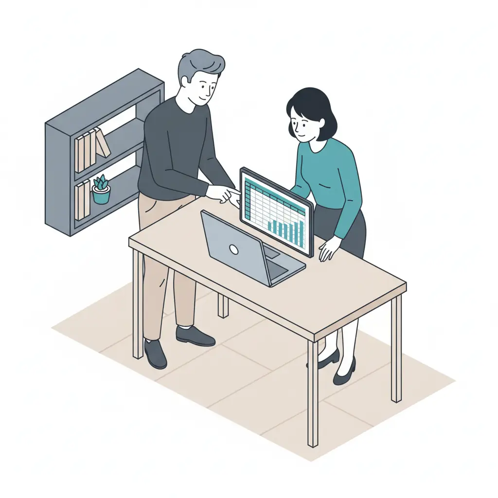 Two coworkers standing at a desk with an open laptop, having a tense conversation while gestures toward a spreadsheet displayed on the screen. 