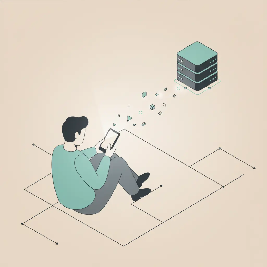 A person using a smartphone with multiple small, glowing icons representing data trackers flowing out from the device to a server cloud.