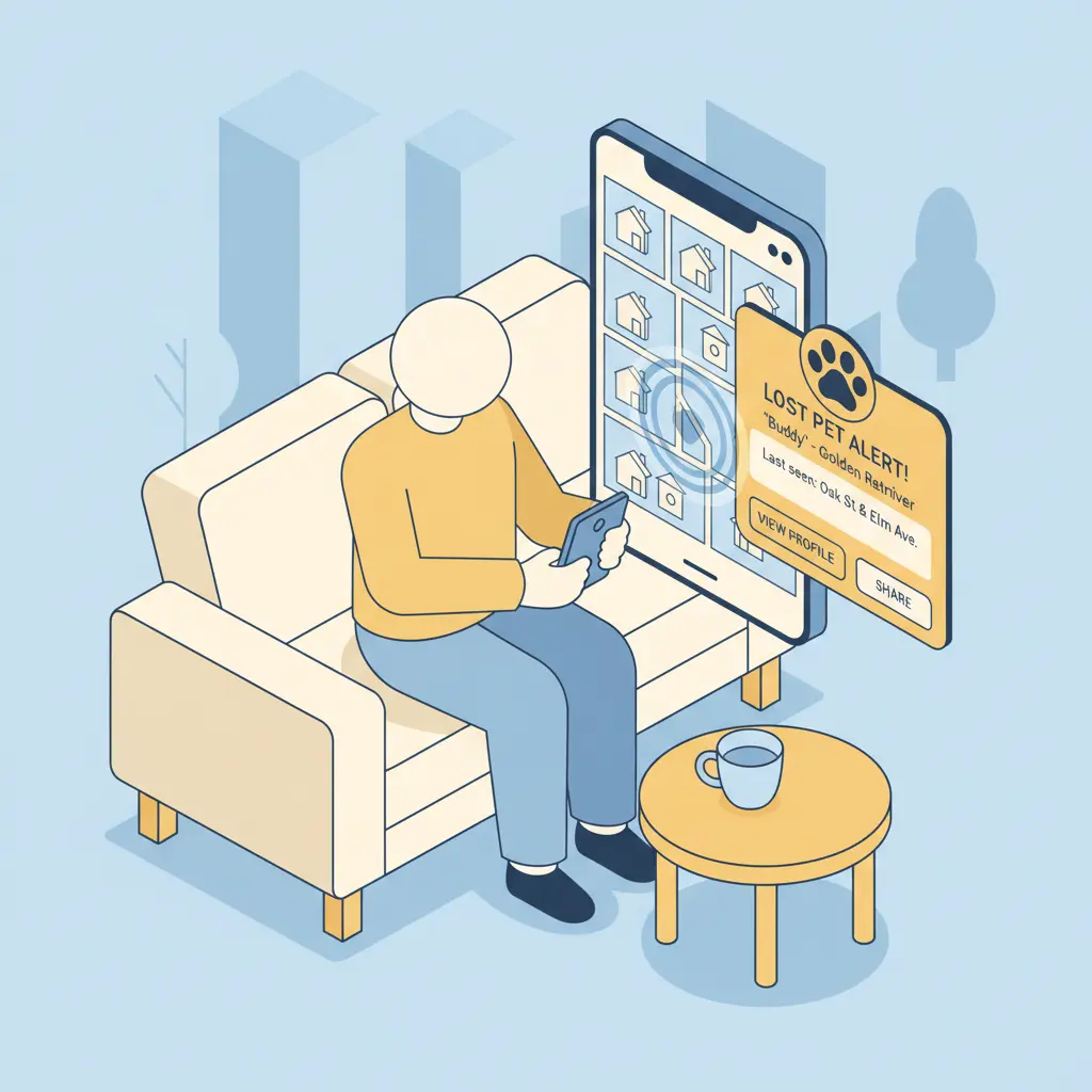 A person looking at their smartphone screen which displays a notification about a lost pet.