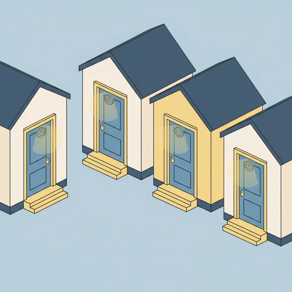 Multiple doorbells on suburban houses with glowing camera lens icons representing connectivity.