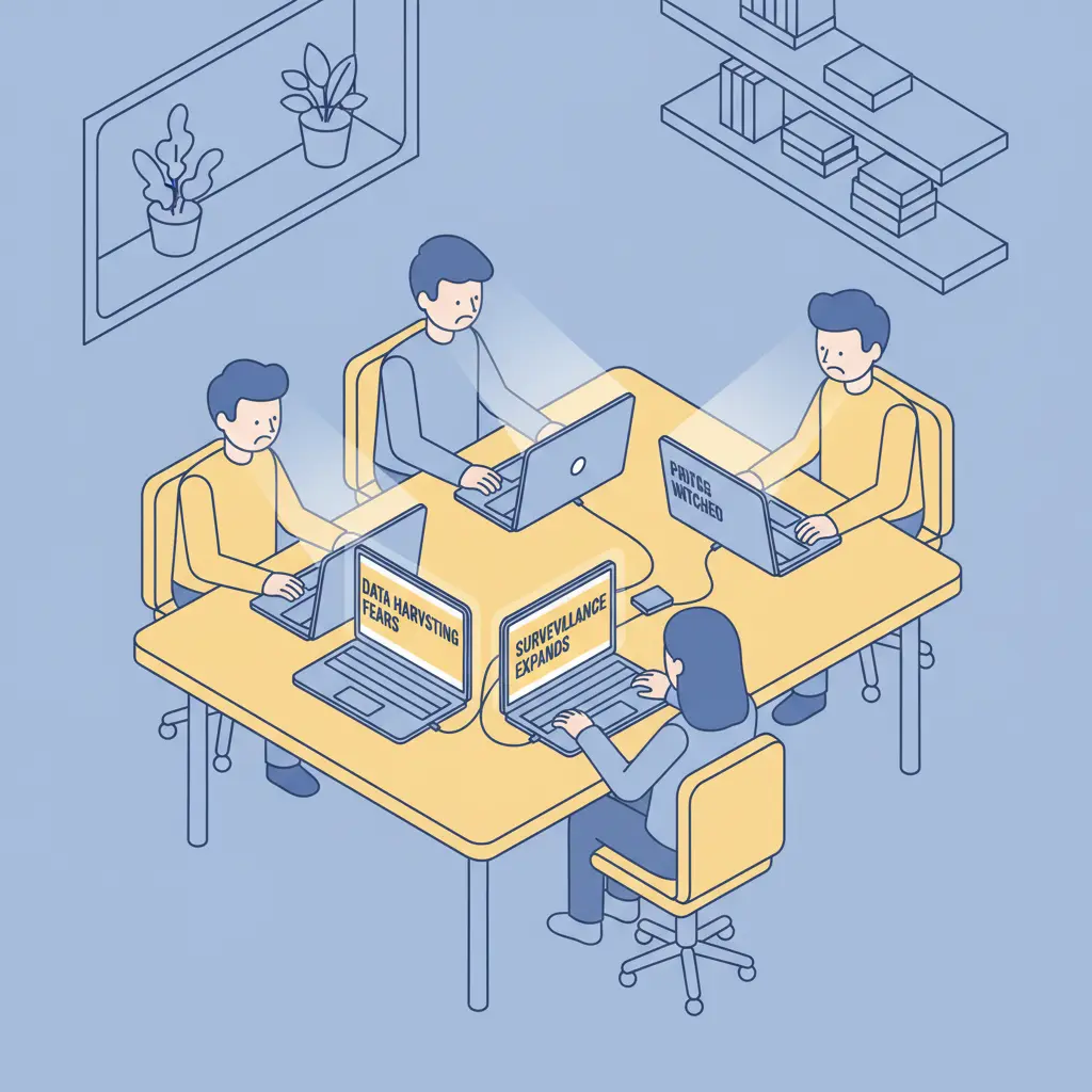 A group of people sitting around a table with laptops, looking distressed and looking at news headlines on screens.