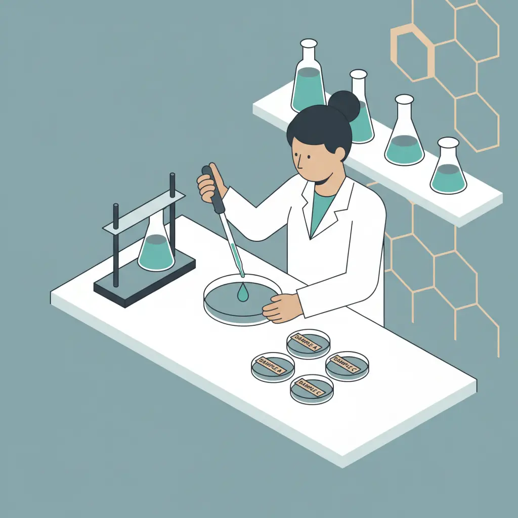 An illustration of a scientist working in a laboratory, holding a pipette over a petri dish.