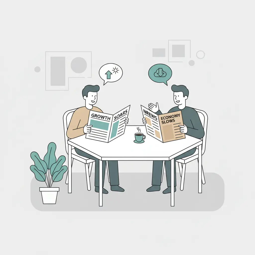 An illustration of two people reading different newspapers and comparing headlines at a table.