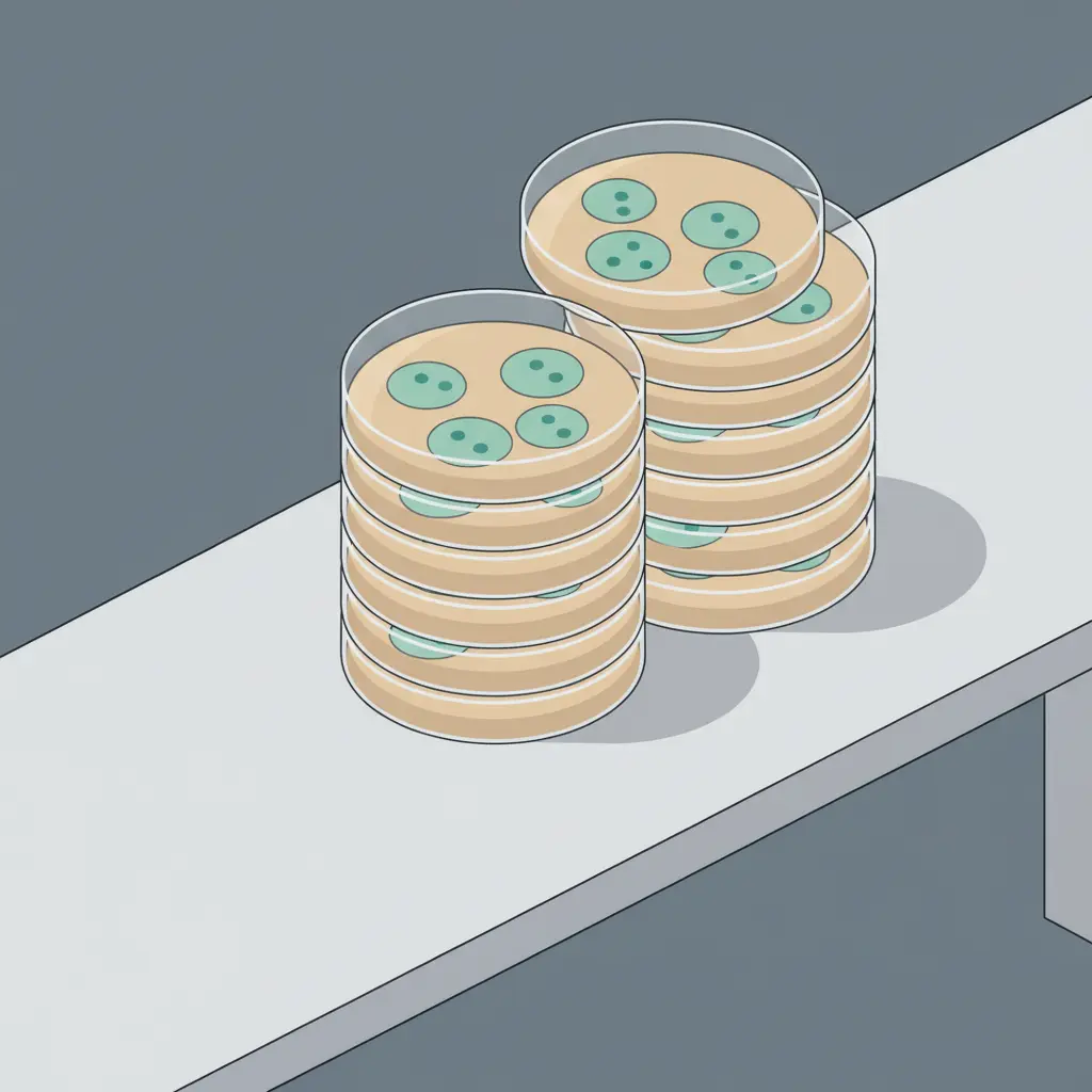 An illustration of a stack of petri dishes containing cell cultures sitting under laboratory lamp lighting.