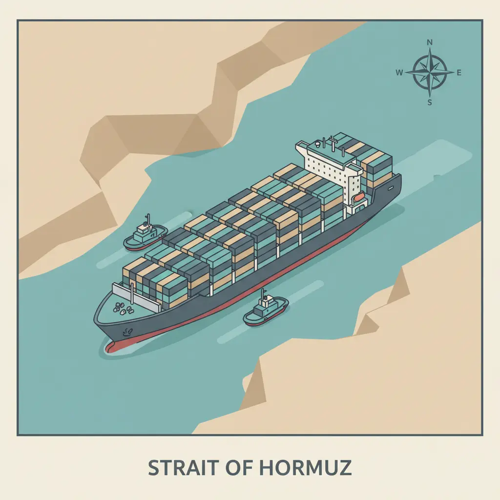 A cargo ship navigating a narrow strait to represent maritime commercial traffic.