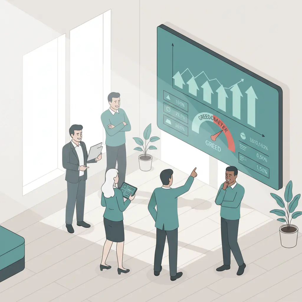 A group of office workers gathered around a digital display showing a stock market dashboard.