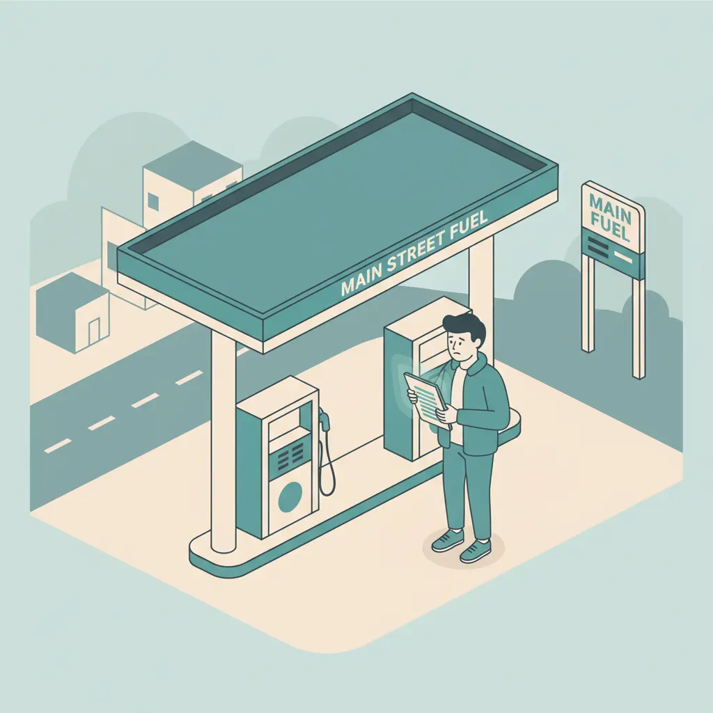 A person pumping gas at a service station while checking a receipt.