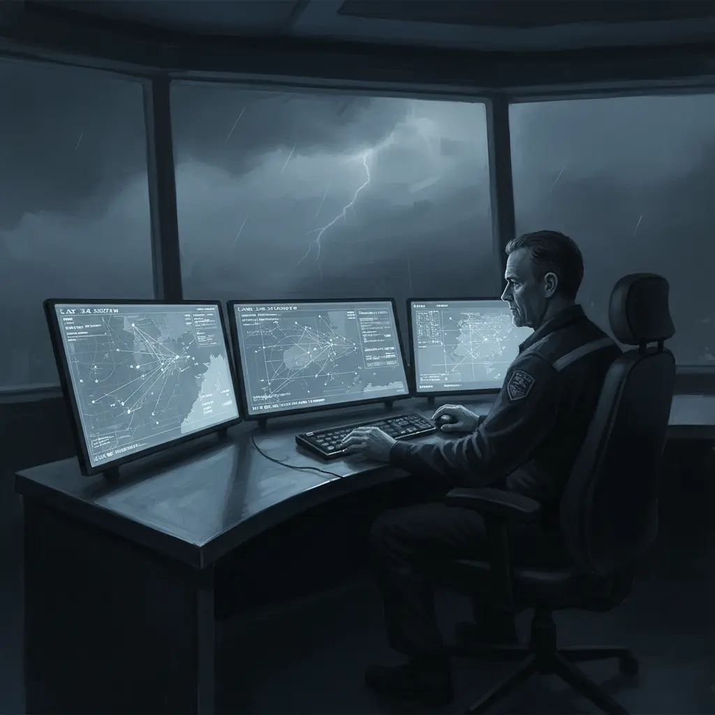 A person sitting at a desk monitoring multiple computer screens showing ship tracking maps.