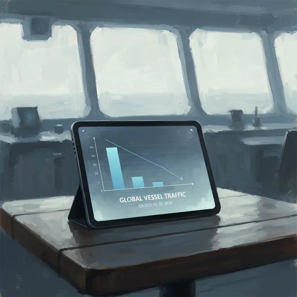 A stylized graph showing a sharp decline in ship traffic on a monitor.