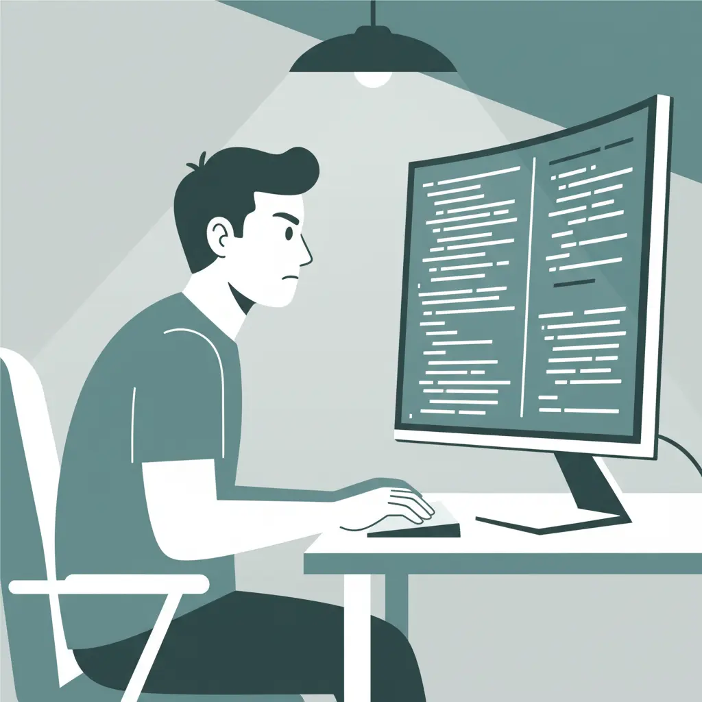 A person at a desk looking at a computer screen showing complex code and software logs.