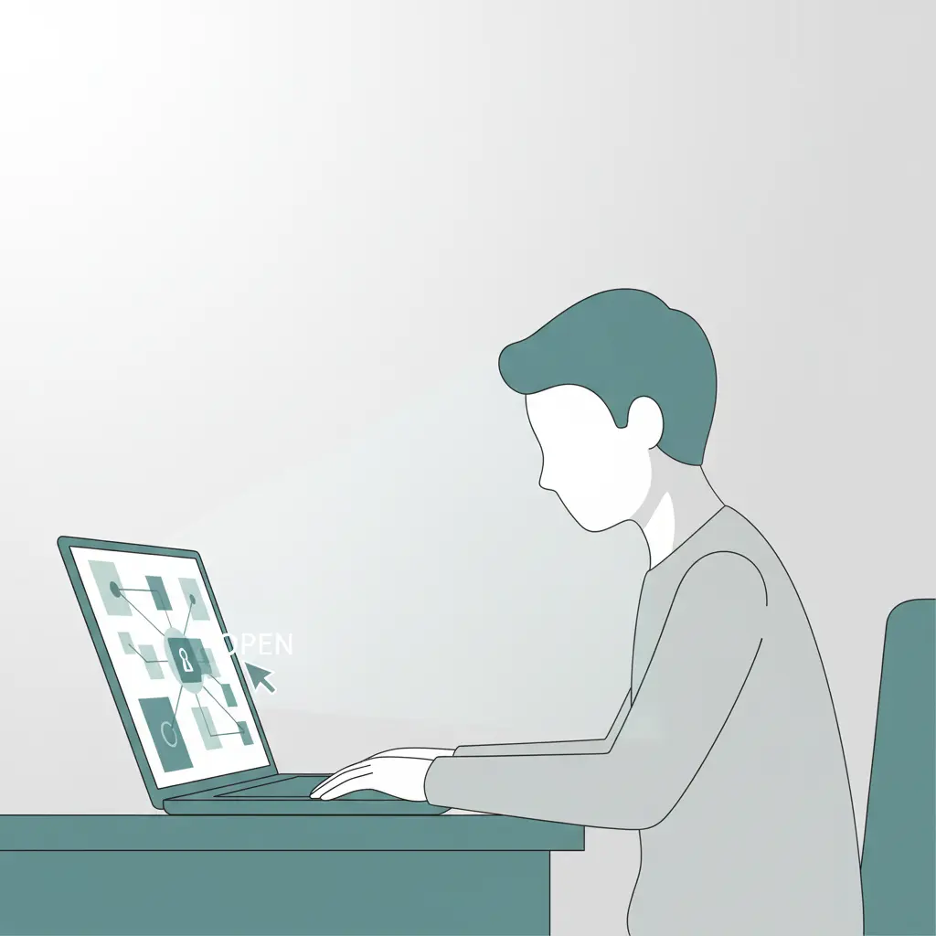 A person sitting at a desk with a laptop, looking at a digital interface showing a secure connection being bypassed.