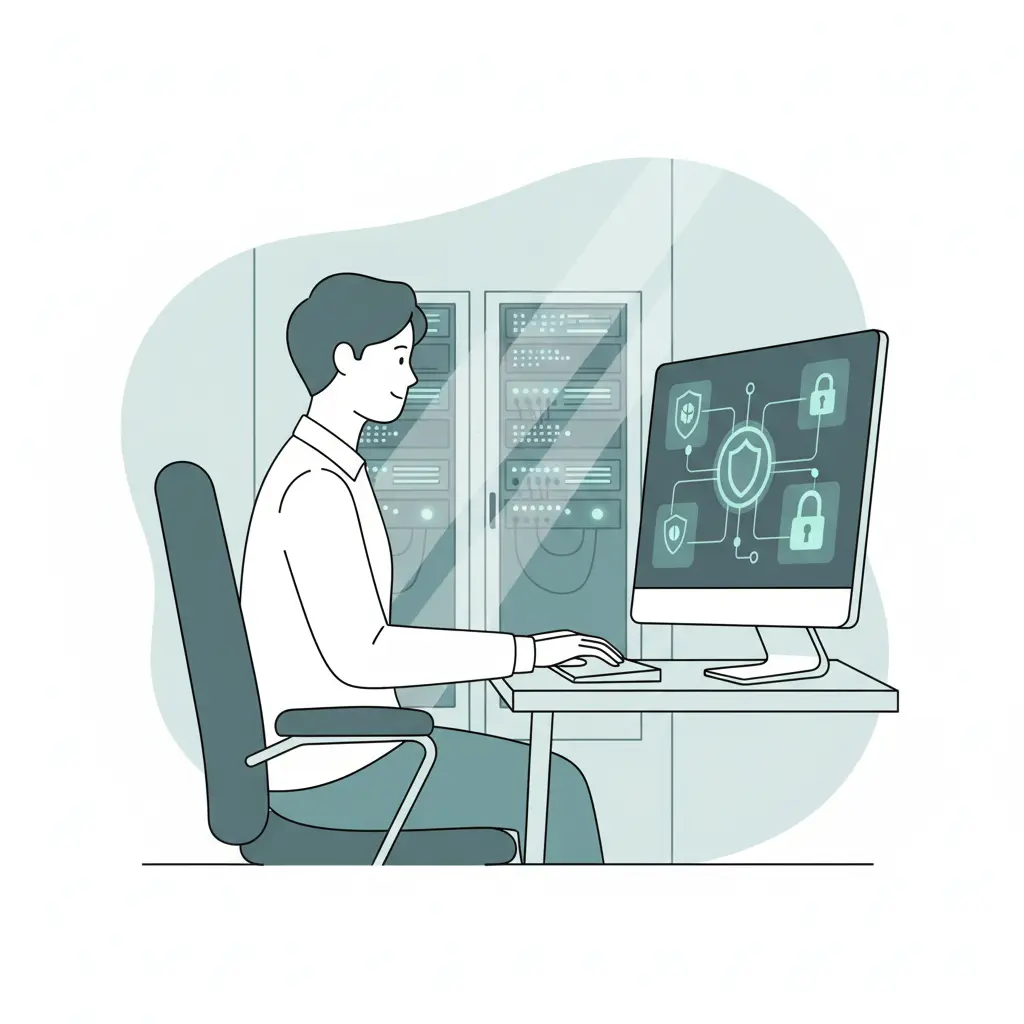 A professional in an office setting typing on a keyboard, with digital security documents displayed on screens in the background.