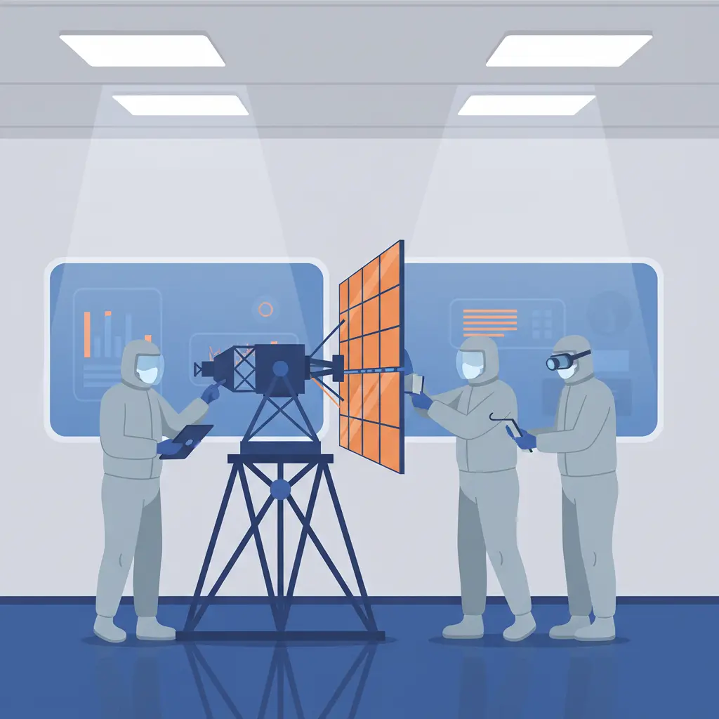 A representation of the telescope floating against a star field with its solar panels extended.