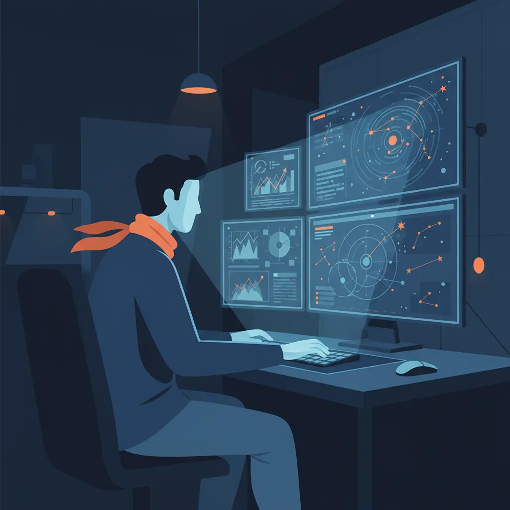 A technician monitors a wall of computer screens displaying complex data visualizations and galaxy maps.