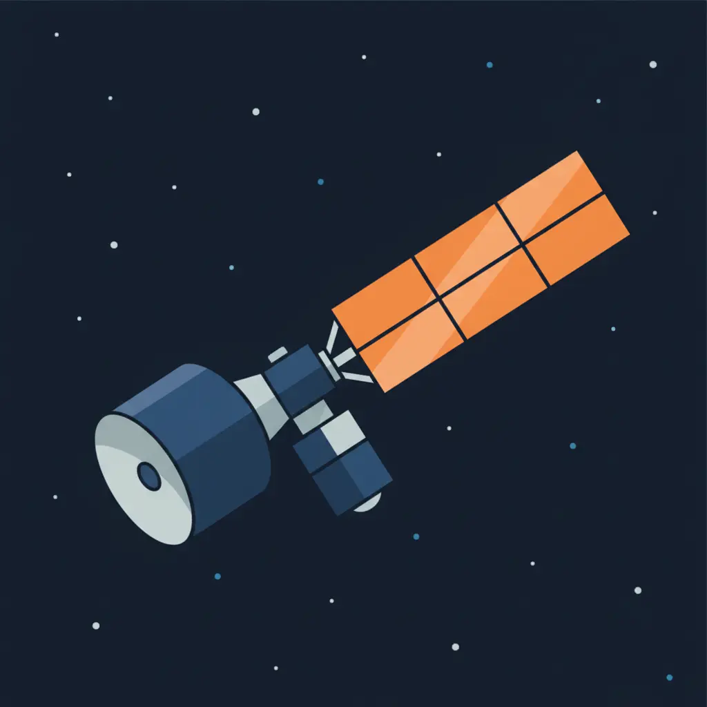 A representation of the telescope floating against a star field with its solar panels extended.