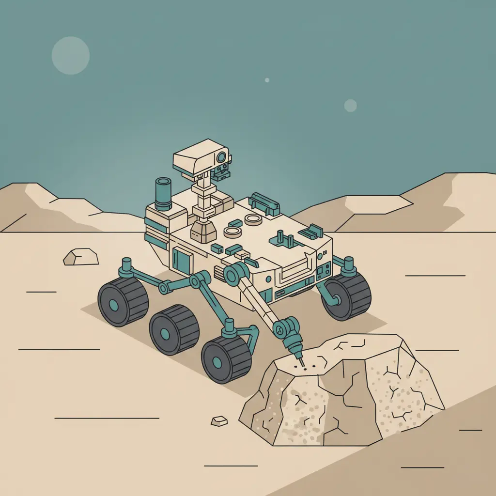An illustration of a rover navigating across a desolate, rocky Martian landscape.