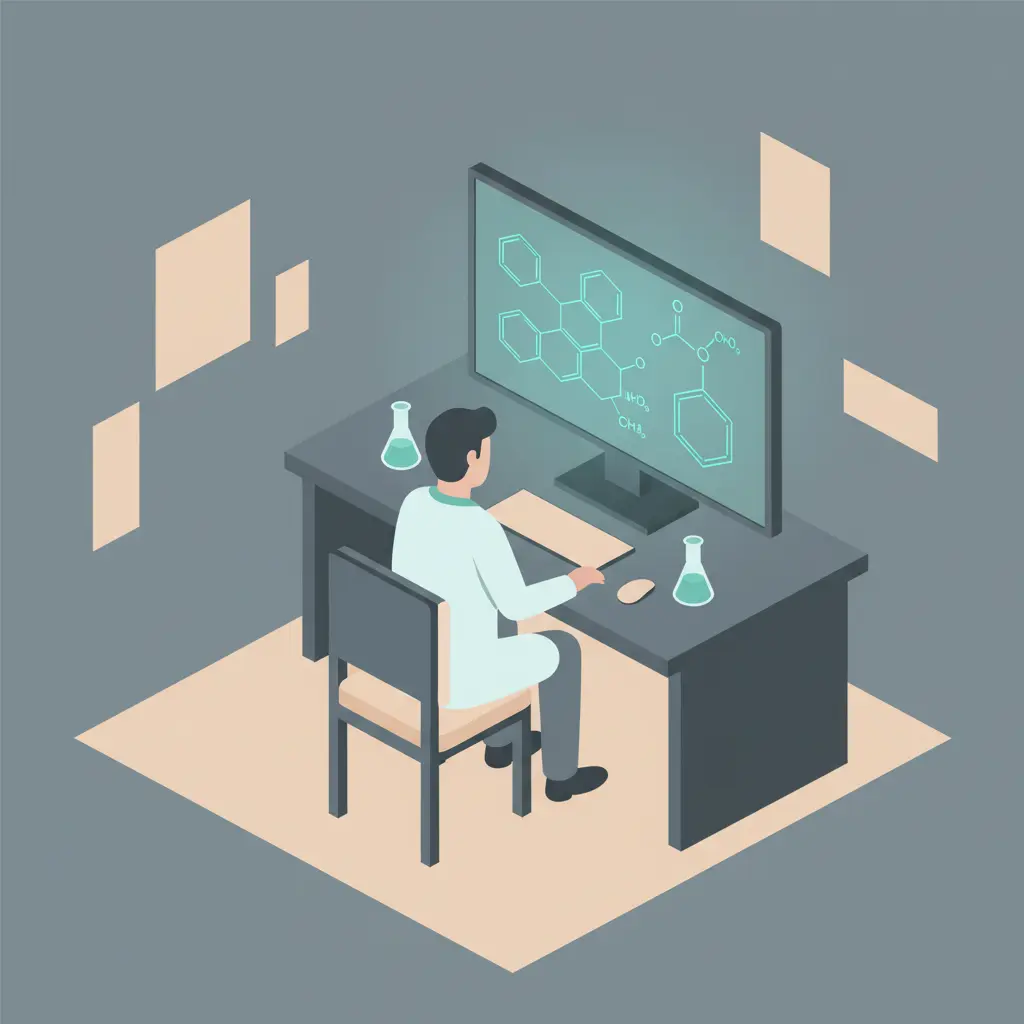 An illustration of a scientist in a laboratory analyzing data on a computer screen.