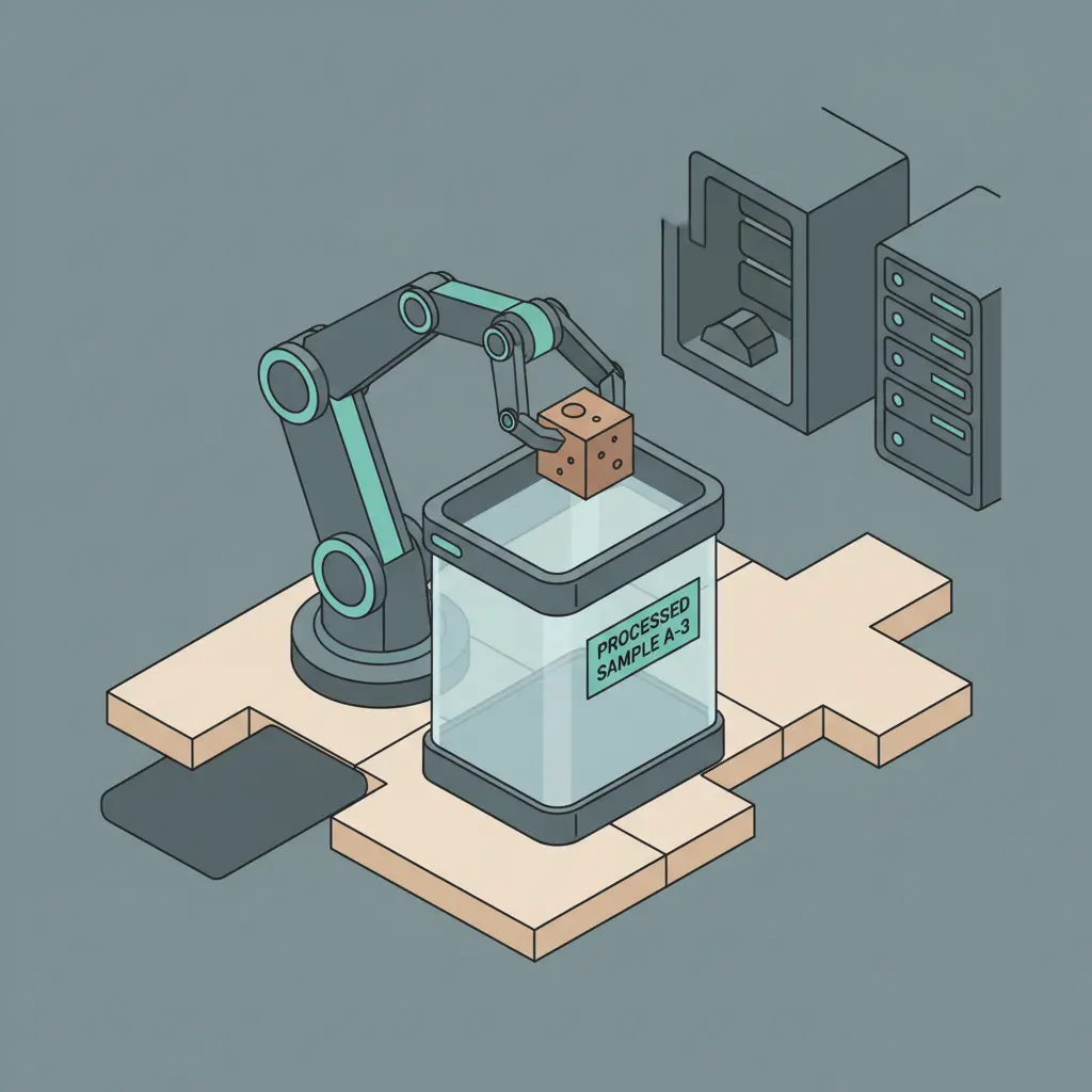 An illustration of a robotic arm lowering a sample collection tube into a container.