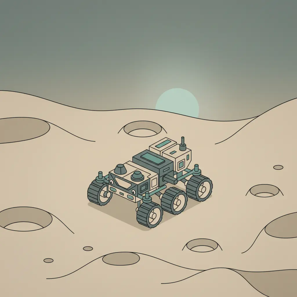 An illustration of a rover navigating across a desolate, rocky Martian landscape.