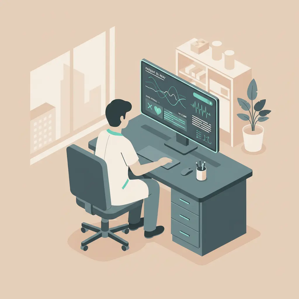 A doctor in a hospital office reviewing data on a computer monitor.