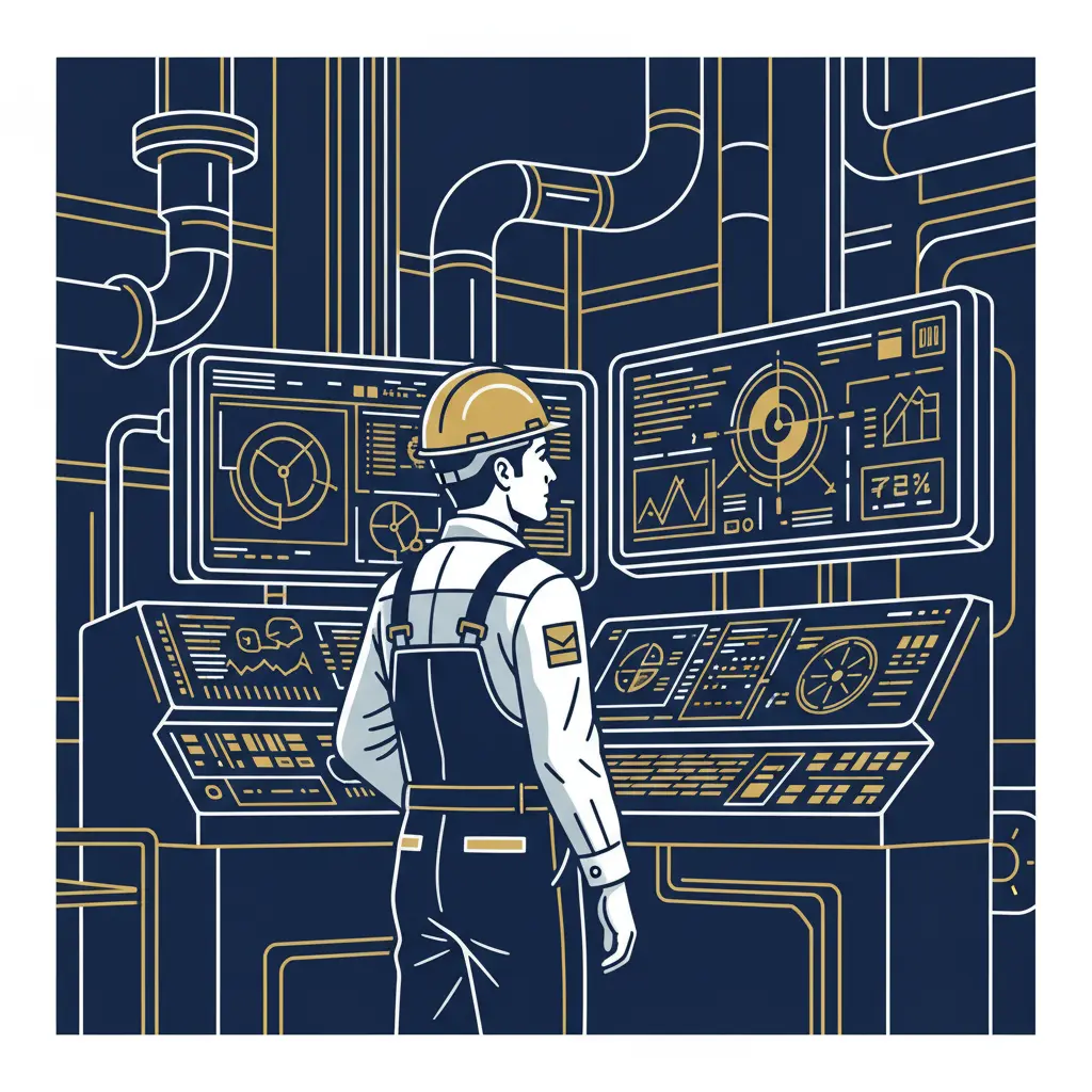 A worker at a control panel monitoring industrial oil production equipment.