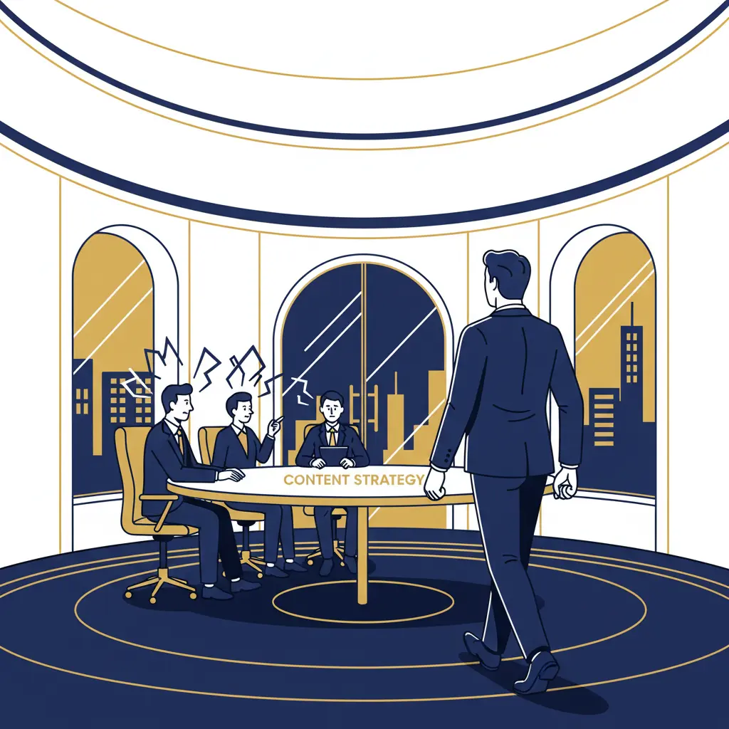 A person walking away from a group of people sitting at a long boardroom table.