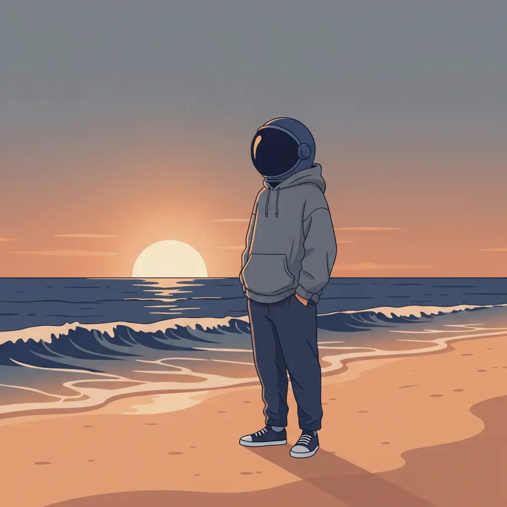 An illustration of an astronaut looking out at the ocean while standing on a sandy beach.