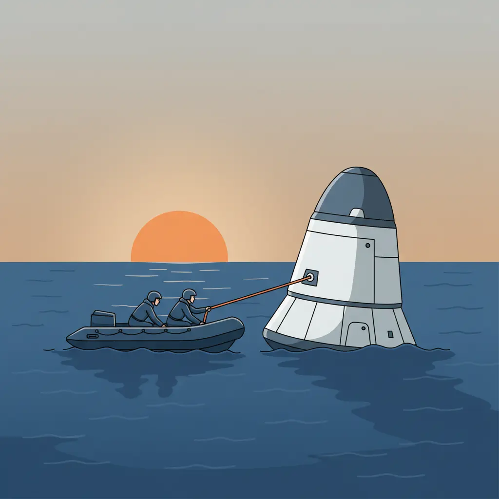 An illustration of a naval crew on a boat interacting with a space capsule floating in the water.