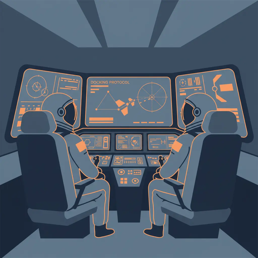 An illustration of two astronauts in a flight simulator practicing docking procedures.