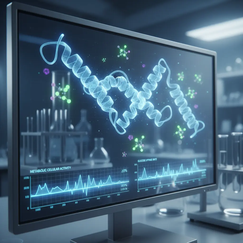 A close-up view of a digital screen displaying complex biological molecular structures and graphs.