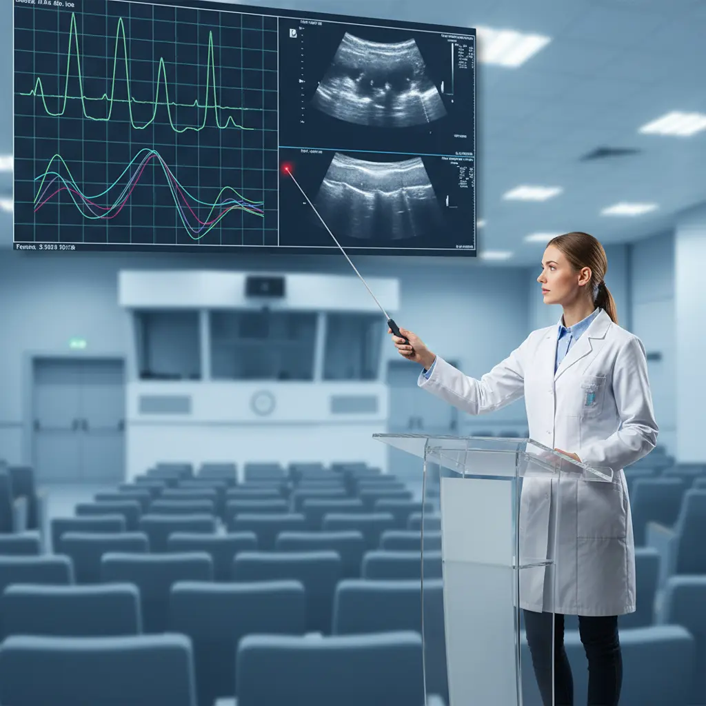 A researcher pointing at a large digital display of heart function heart data during a clinical presentation. 