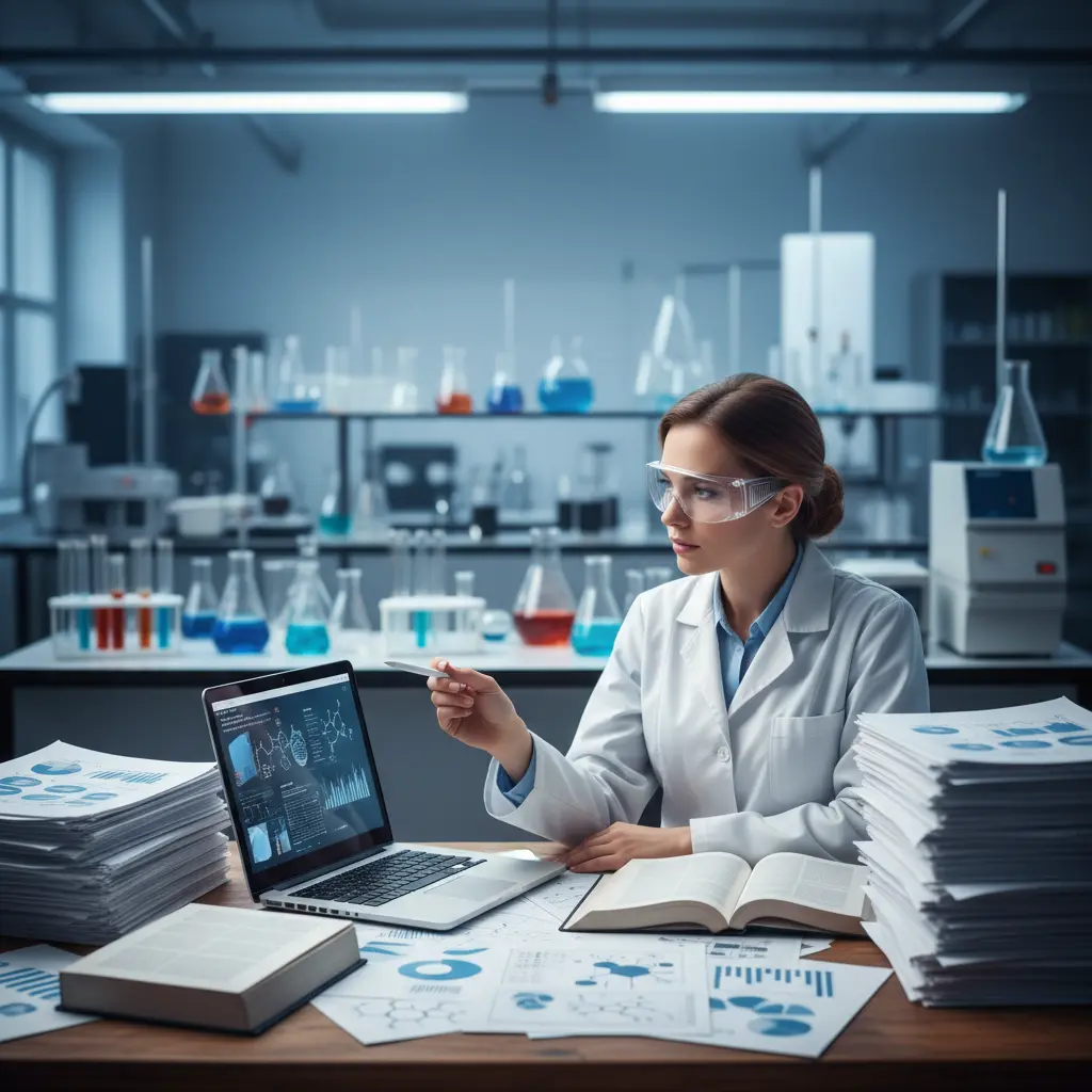A scientist sitting at a desk with an open laptop, surrounded by piles of medical journals and reference papers.