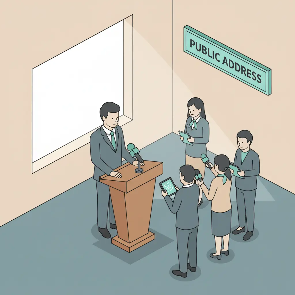 A government official standing at a podium in a formal setting, speaking to a group of reporters.